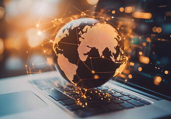 A globe on top of an open laptop, with digital connections around it representing global connectivity and technology.
