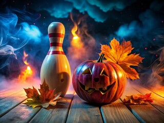 Surreal Halloween Bowling Scene Featuring a Jack-o'-Lantern Pumpkin Ball with Spooky Atmosphere and Copy Space for Creative Designs and Promotions