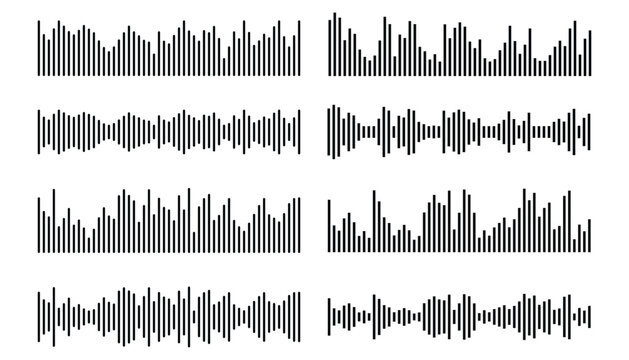 Thin line podcast sound waves and audio soundwave of voice message records collection isolated on white background. Round and square lines.