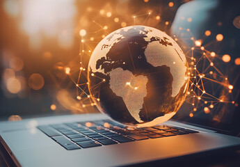 A globe on top of an open laptop, with digital connections around it representing global connectivity and technology.