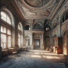 Obraz premium Sunlight streams through tall windows of a decayed yet beautiful classical interior, showcasing grand, detailed architecture with peeling walls, broken furniture, and an air of history and nostalgia