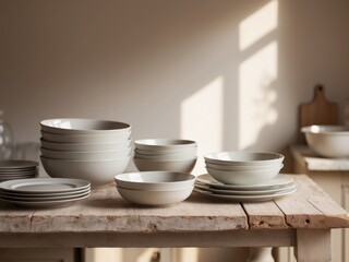 Set of clean dishes on wooden table in kitchen.