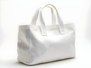 A white canvas bag with a white handle on a white background