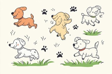 Fototapeta premium Colorful doodles depict happy dogs of various breeds frolicking in a grassy area, capturing playful movements and joy. Generative AI