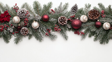 Festive Christmas Garland with Red and White Ornaments:  A beautiful Christmas garland with red and white ornaments and pine cones on a snowy evergreen garland.
