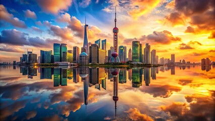 Naklejka premium Surreal Panoramic Views of Shanghai Skyline at Sunset with Dreamlike Colors and Reflections on Water, Capturing the Essence of a Vibrant Urban Landscape in an Otherworldly Atmosphere
