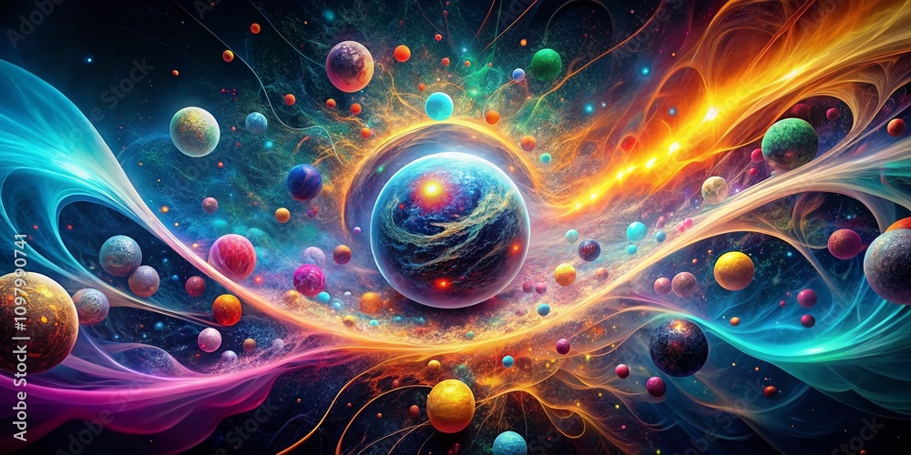 Poster surreal quantum mechanics: a vivid exploration of subatomic particles amidst explosive colors and co