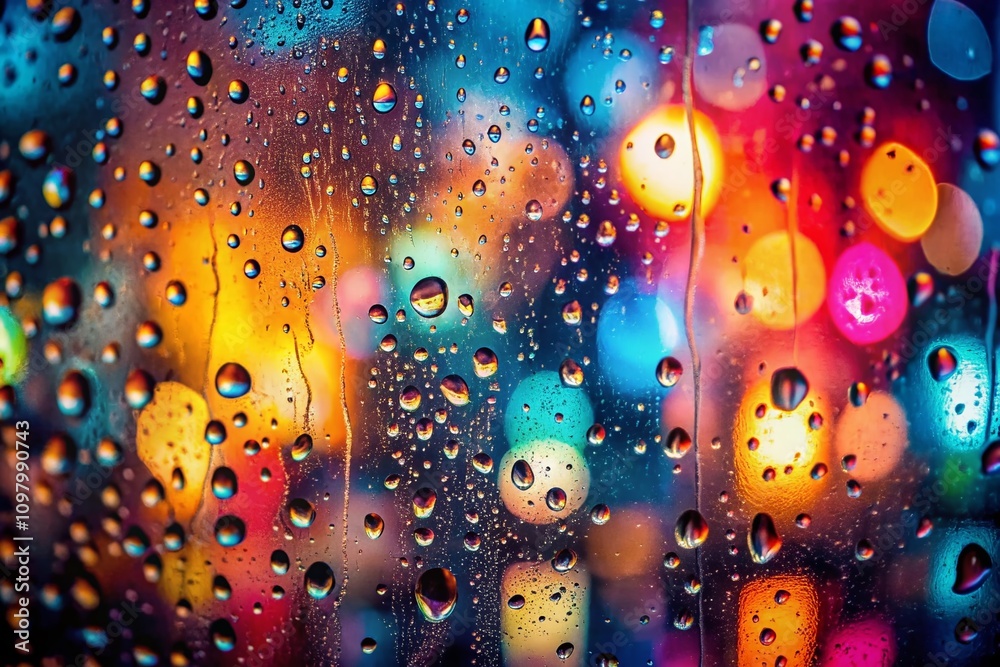 Poster surreal rain effect on colored background with abstract patterns and light reflections creating an e