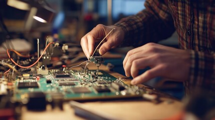 Naklejka premium engineer wearing safety goggles and a lab coat, intently observing a complex quantum computer setup filled with blinking lights and intricate wiring