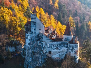 Aerial drone view of Bran Castle in autumn season