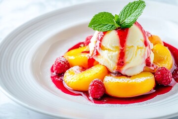 National Peach Melba Day, beautifully plated peach melba with halved ripe peaches, a scoop of vanilla ice cream, and a drizzle of vibrant raspberry sauce, January 13