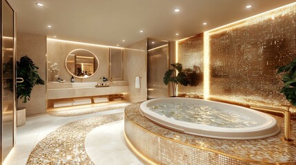 Luxury bathroom design, extravagant bathroom design with jacuzzi, gold faucets, and mosaic tile floor