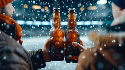 Two friends toast with chilled beer bottles outdoors in a snowy setting, exuding warmth and camaraderie perfect for winter celebrations, sports events, or social gatherings,