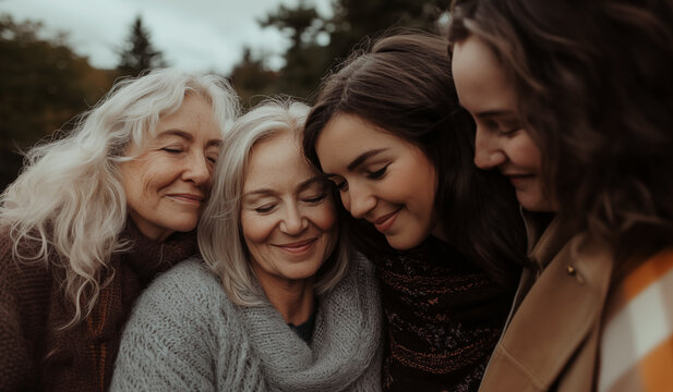 Several women of different ages supporting each other. A family photo of four women, grandmother, mother, daughters in autumn day. Women's circle, retreat.