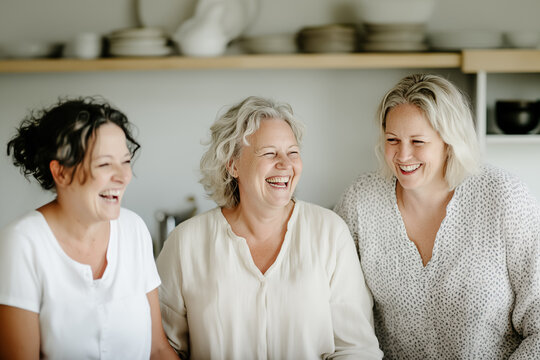 Three middle-aged women laughing together in the kitchen, wearing white in Scandinavian style, minimalist interior, good times with friends. Friendship, joy, support, mental health in older age.