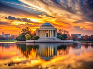 Obraz premium Surreal Shadows and Sunset Over Jefferson Memorial with Washington Monument in Background - A Dreamlike Capture of Iconic Landmarks at Dusk