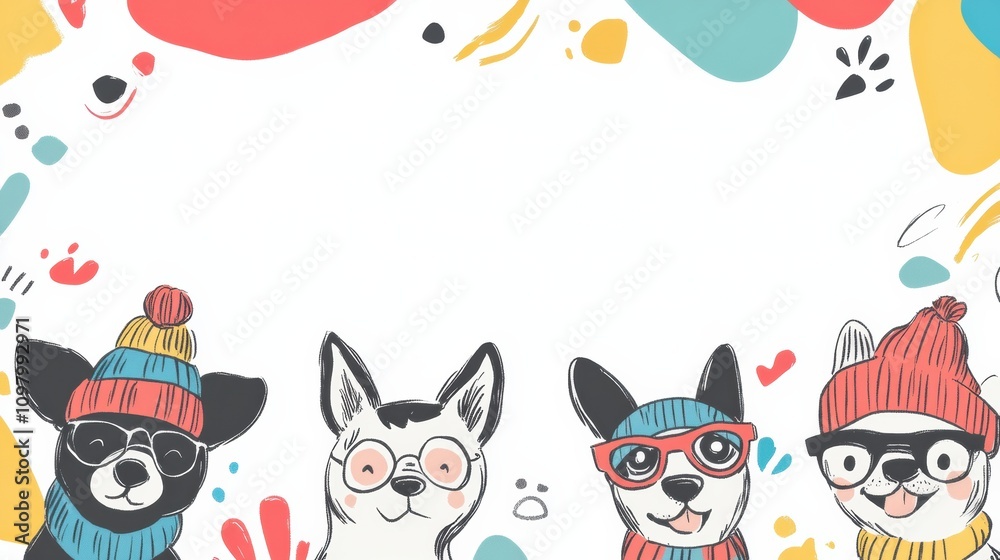 Poster four adorable dog characters are dressed in colorful hats and glasses, surrounded by playful doodles