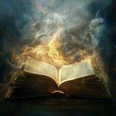 Ancient book, glowing, mystical, smoky, open.