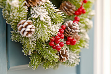 Close-up Christmas wreath with holly, red mistletoe berries, and pine cones and snow on top, hanging on a blue door background. Holiday and festive atmosphere.