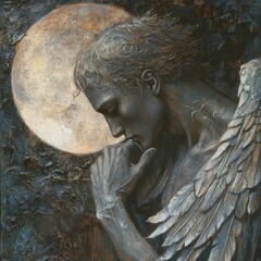 Pensive winged angel, moonlit, textured art.