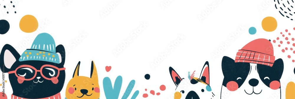 Poster charming doodle illustrations showcase various dogs in hats, featuring vibrant colors and playful de