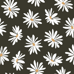 Vector seamless pattern with white hand drawn flowers on dark background