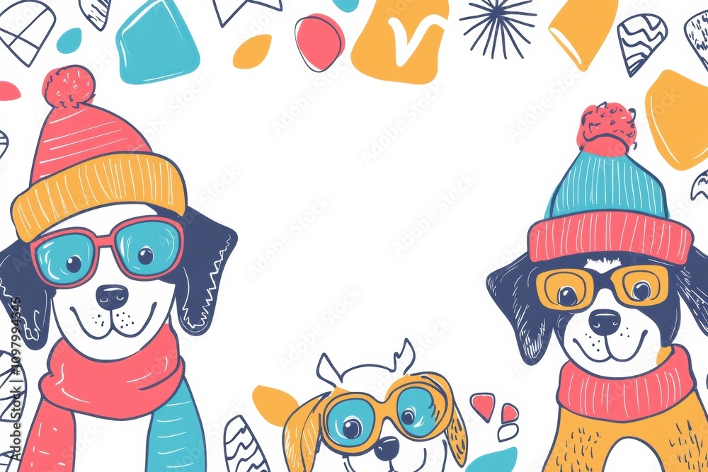 Poster three playful dogs, each wearing distinct hats and glasses, are surrounded by a vibrant doodle borde