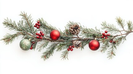 Fototapeta premium Christmas tree branches with red and green ornaments on a white background, close-up decorations, Christmas theme, Christmas decorations.