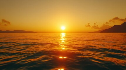 Obraz premium Golden sunset tranquil ocean, illuminating peaceful waves distant mountains.