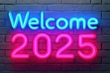 Obraz premium Vibrant neon sign welcoming 2025, perfect celebrations festive decorations urban environments.