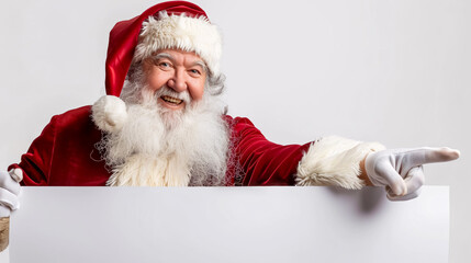 Naklejka premium Santa Claus pointing to a white blank sign with a smile, isolated on a white background.
