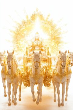 Golden chariot, queen, white horses, radiant light.