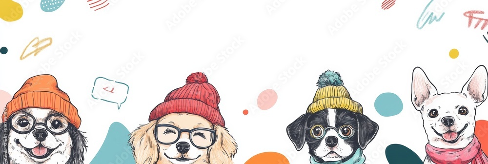 Poster four adorable dogs are depicted wearing vibrant hats and glasses, surrounded by cheerful doodles and