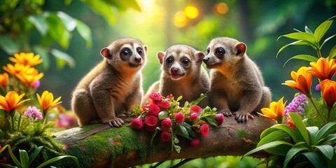 Obraz premium Three Adorable Olinguitos in a Lush Rainforest Setting, Playfully Interacting Among Vibrant Greenery and Colorful Flowers, Capturing the Charm of These Rare Creatures