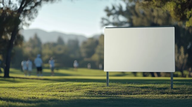 A blank sign on a golf course with people playing in the background.