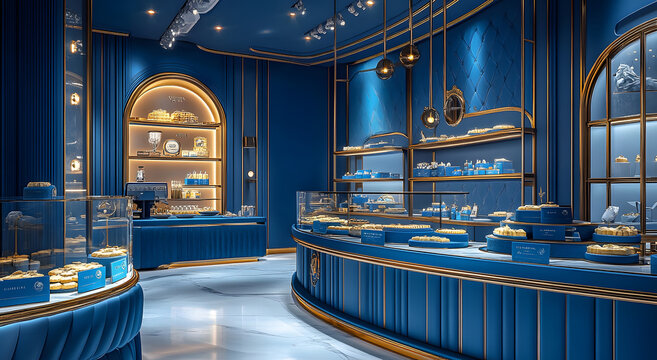 Interior of a luxury sewing store, the interiors of the shop has the color royal blue and gold, there is a small cafe inside, that serves butter cookies in circular blue boxes of cookies, minimal.