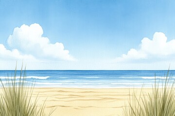 A serene beach scene golden sand, gentle waves, fluffy clouds bright blue sky, perfect relaxation.