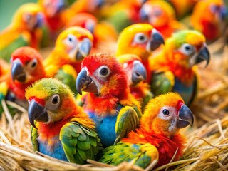 Naklejka premium Tilt-Shift Photography of a Parrot Incubator with Newborn Macaw Chicks Nestled Inside, Showcasing Their Colorful Feathers and Tender Care in a Cozy Environment