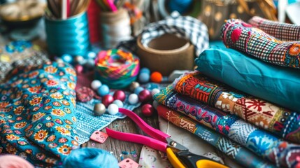A table with a variety of colorful fabrics and sewing supplies