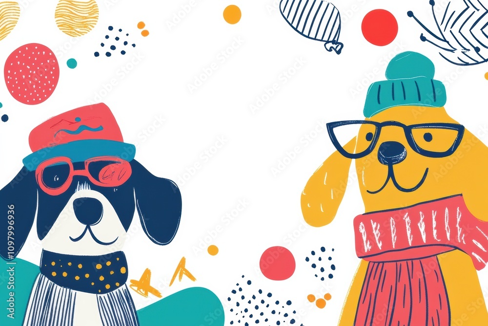 Poster two cheerful dogs are depicted wearing winter hats and scarves in a vibrant doodle style, surrounded