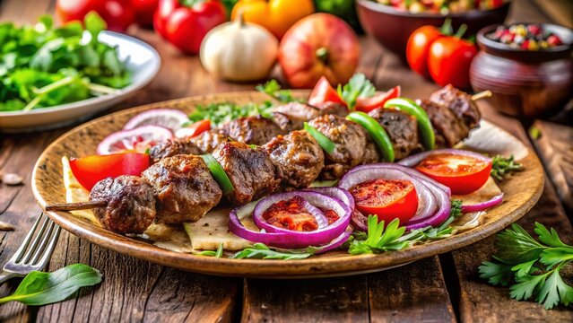 Tilt-Shift Photography of Turkish Liver Kebab Appetizer (Arnavut Cigeri) Served on a Dinner Plate, Showcasing its Delicious Garnishes and Traditional Presentation