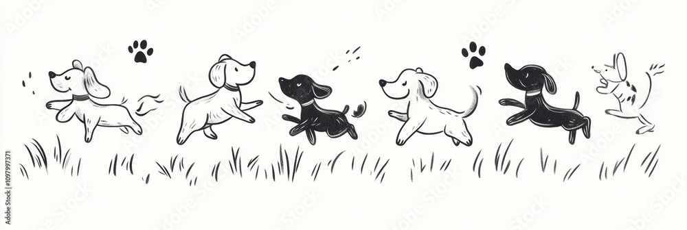Poster charming doodles depict dogs of various breeds joyfully running and playing in a grassy area, captur