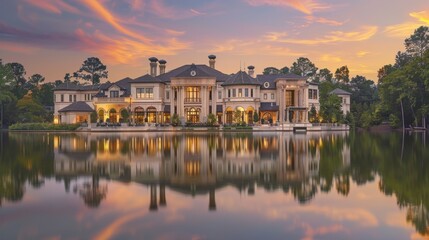 Fototapeta premium A large house with a pool and a lake in the background