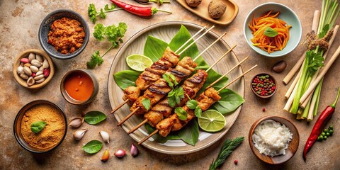 Top View of Traditional Asian Satay Skewers on Beige Background, Capturing the Richness of Culinary Heritage and Urban Exploration in Food Photography