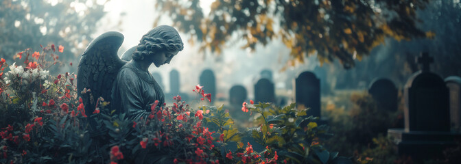 Marble statue of grieving angel, memorial monument slab on cemetery background in fog with flowers. Banner template of sadness, religious architecture for death ceremony, funeral services copyspace