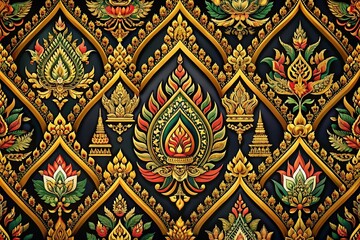 Traditional Thai Cultural Patterns in Black: Elegant Flat Style Design for Seamless Backgrounds, Perfect for Modern Decor and Textile Projects