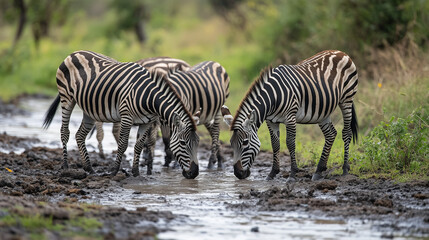 Fototapeta premium A group of zebras grazes peacefully in the golden grasslands of an African savanna during a warm sunny afternoon
