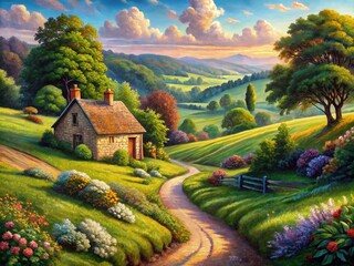 Tranquil Countryside Oil Painting with Rolling Hills, Cozy Cottage, and Winding Path - A Serene Landscape for Your Home Decor Needs