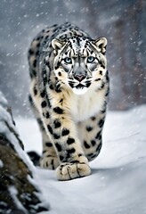 Fototapeta premium Snow Leopard in a Serene Winter Landscape