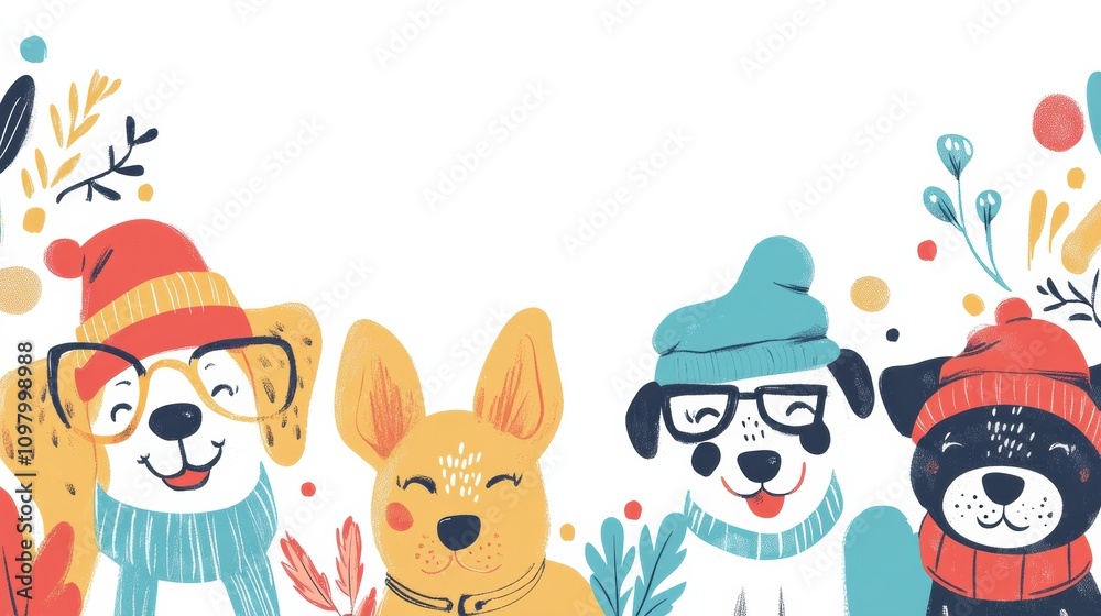 Poster Whimsical dogs with various expressions and accessories brighten up the scene with vivid colors and charming details, creating a fun atmosphere. Generative AI